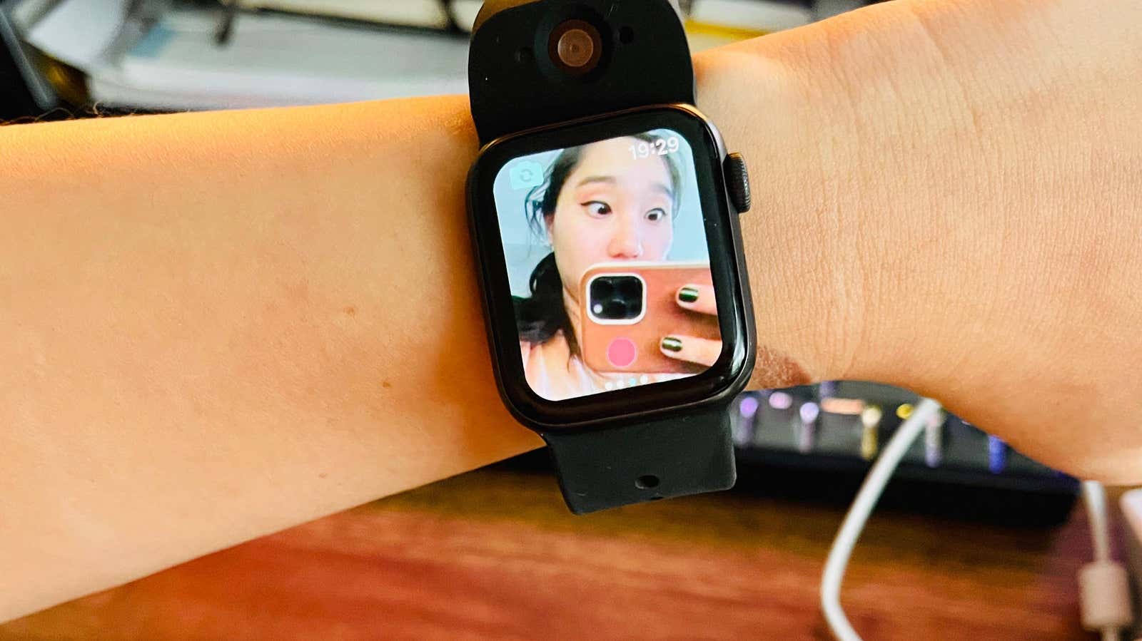 The Wristcam on an Apple Watch showing the video screen